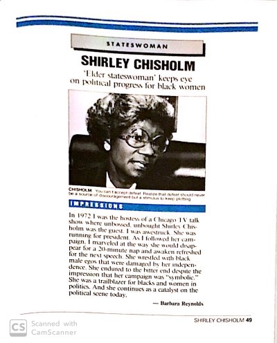 Shirley Chisholm full length interview feature in And Still We Rise Book By Dr Barbara Reynolds and USA Today